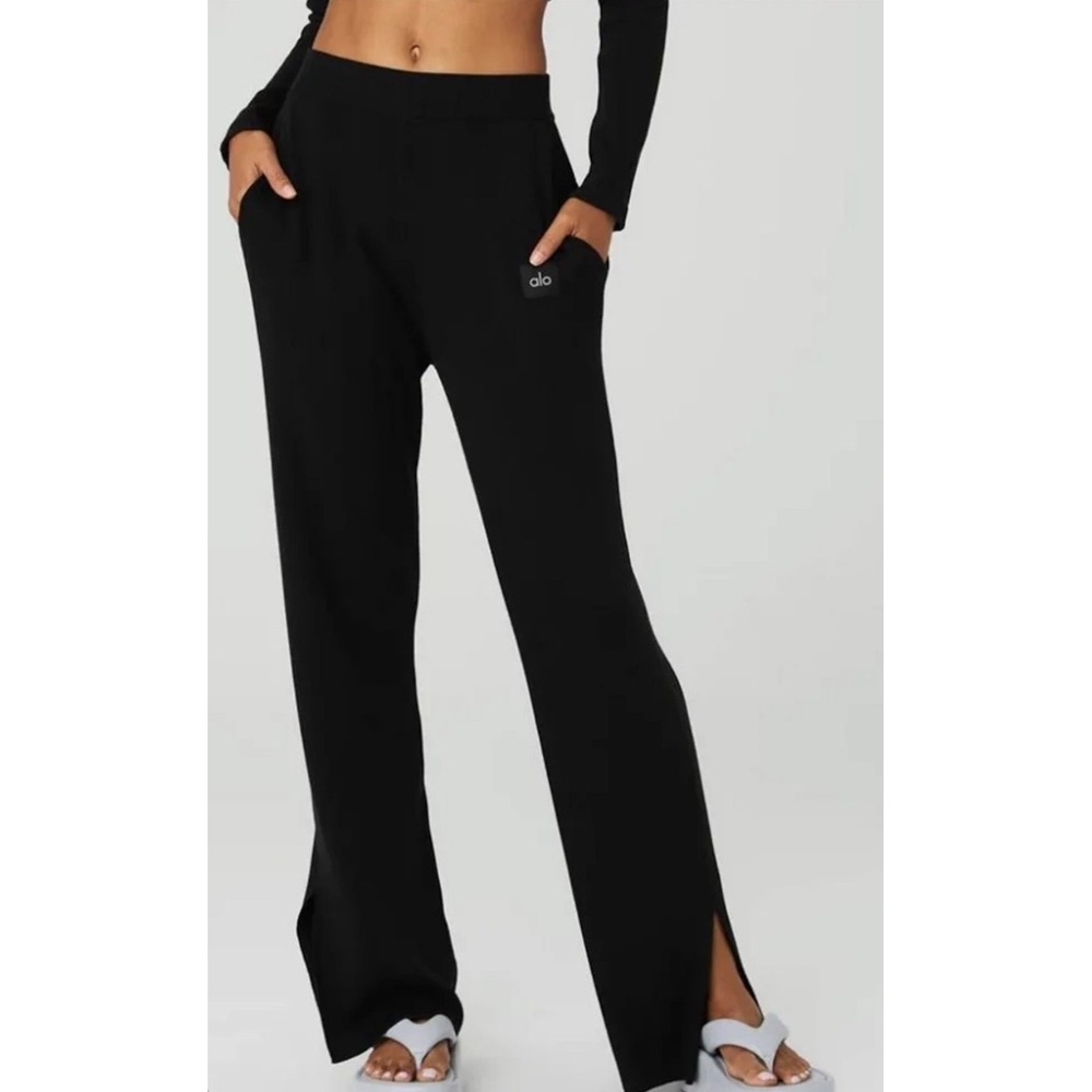 Alo Yoga Salana Knit High-Waist Wide Leg Pant Black Ribbed Side Slit XS